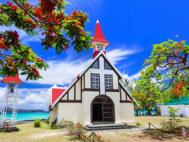 800 - Mauritius - landmarks-of-beautiful-mauritius-island-red-church-with-blooming-flamboyant-tree