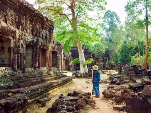 A tourist girl walks among the ancient temple buildings in Angkor, Cambodia.A young woman makes an exciting trip to the temple complex of Angkor.Scenic view of the ruins of ancient temples in Cambodia