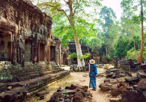 A tourist girl walks among the ancient temple buildings in Angkor, Cambodia.A young woman makes an exciting trip to the temple complex of Angkor.Scenic view of the ruins of ancient temples in Cambodia