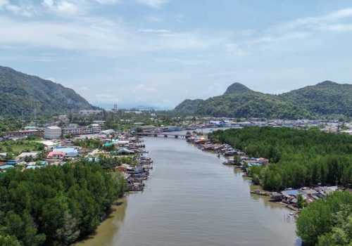 An aerial view of the mangrove forest in Khanom district ,The way of life of people living along the canal, Fertile mangrove forest,Folk fishing,Landscape of Khanom District,Nakhon si thammarat