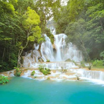 Kuang Si Waterfalls in Luang Prabang Laos. Long exposure. Beautiful waterfall in wild jungle
