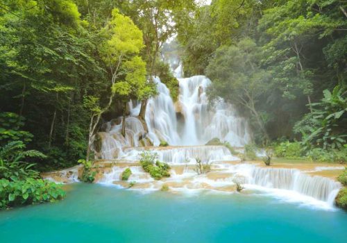 Kuang Si Waterfalls in Luang Prabang Laos. Long exposure. Beautiful waterfall in wild jungle